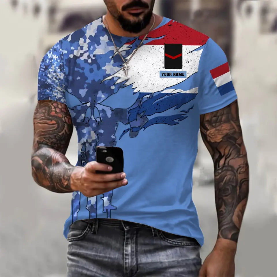 T-shirt personnalisé avec camouflage soldat/vétéran néerlandais avec nom et grade imprimé en 3D - 0311230001