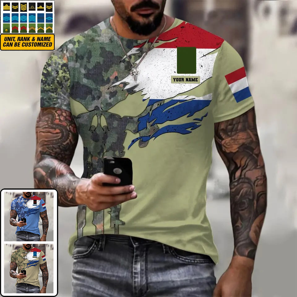 T-shirt personnalisé avec camouflage soldat/vétéran néerlandais avec nom et grade imprimé en 3D - 0311230001