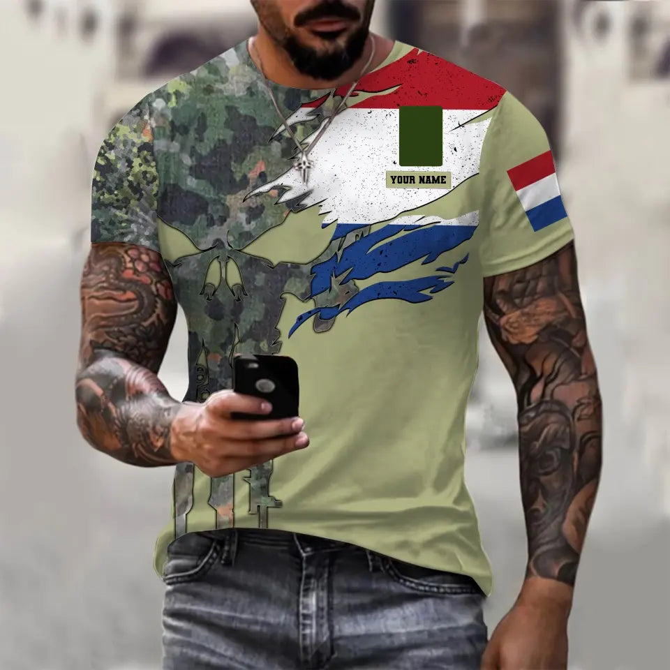 T-shirt personnalisé avec camouflage soldat/vétéran néerlandais avec nom et grade imprimé en 3D - 0311230001