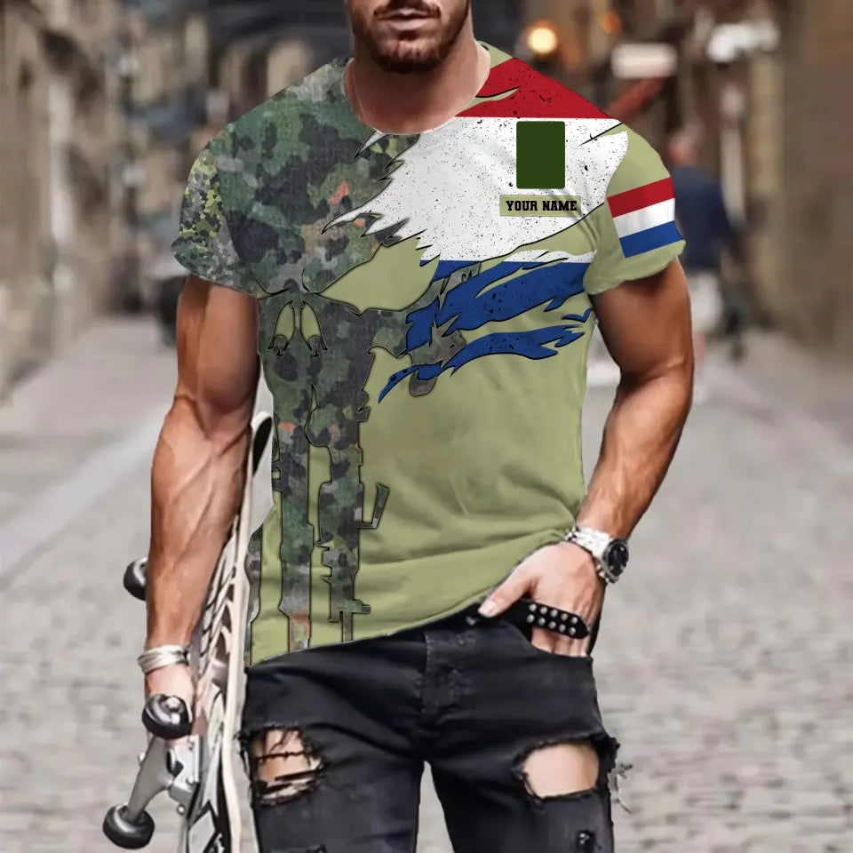 T-shirt personnalisé avec camouflage soldat/vétéran néerlandais avec nom et grade imprimé en 3D - 0311230001