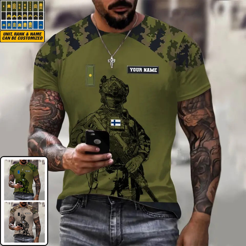 T-shirt personnalisé avec camouflage soldat/vétéran finlandais avec nom et grade imprimé en 3D -1212230001