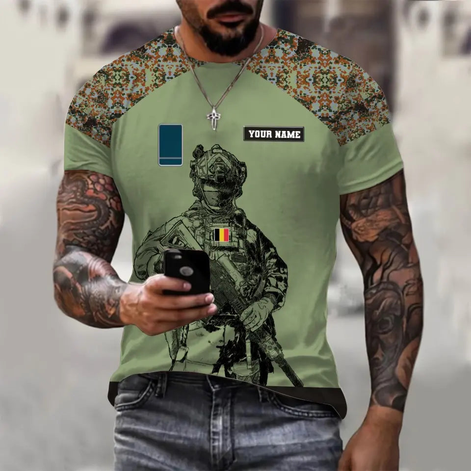 Personalized Belgium Soldier/ Veteran Camo With Name And Rank  T-shirt 3D Printed  - 1212230001