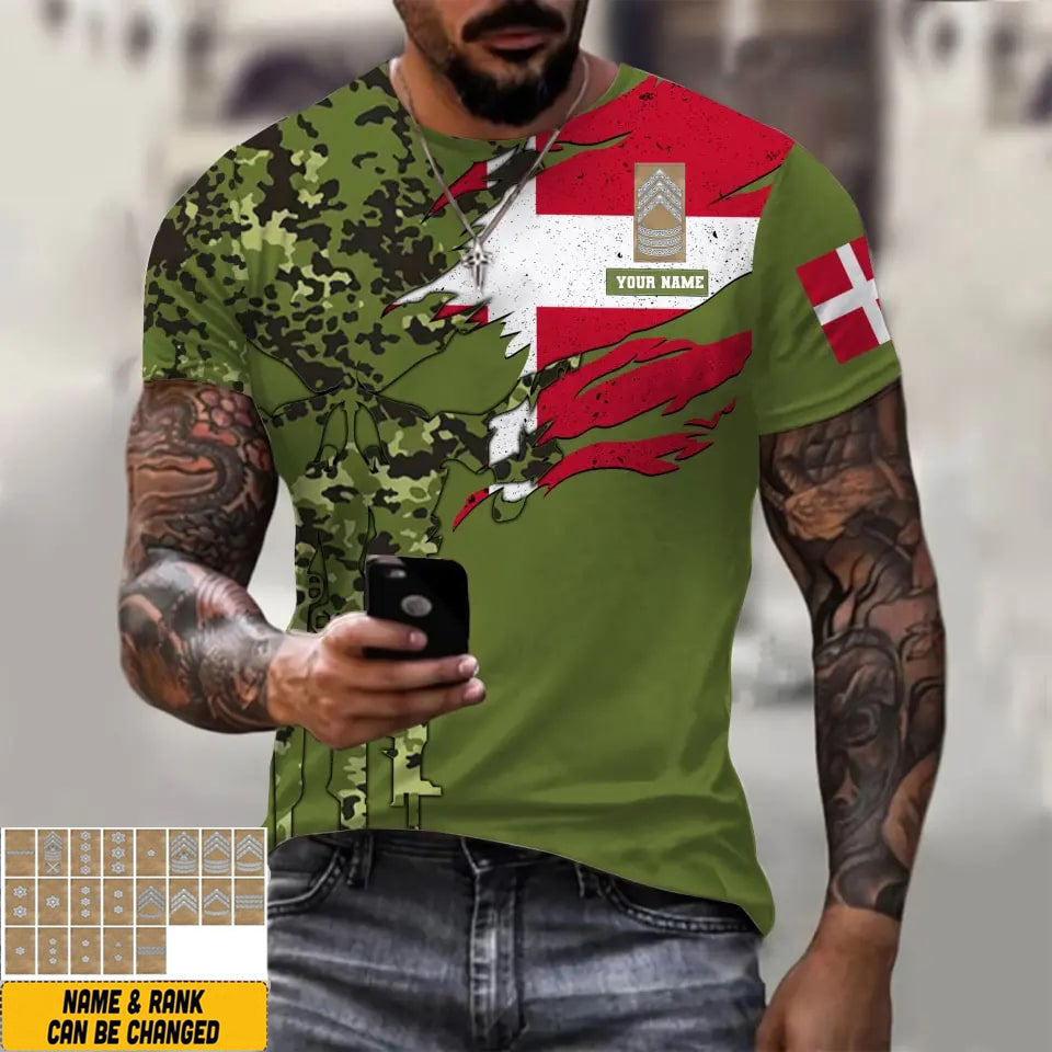 T-shirt personnalisé avec camouflage soldat/vétéran du Danemark avec nom et grade imprimé en 3D - 0311230001