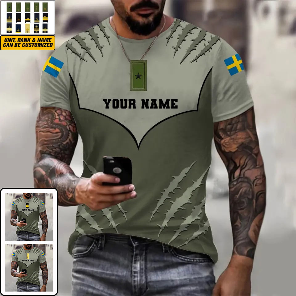 Personalized Sweden Soldier/ Veteran Camo With Name And Rank T-shirt 3D Printed  -1312230001