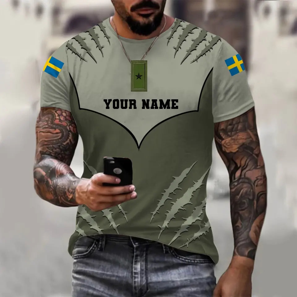 Personalisiertes T-Shirt mit schwedischem Soldaten-/Veteranen-Tarnmuster mit Namen und Rang, 3D-Druck -1312230001