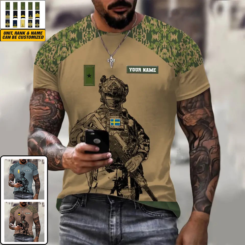 T-shirt personnalisé avec camouflage soldat/vétéran suédois avec nom et grade imprimé en 3D - 1212230001