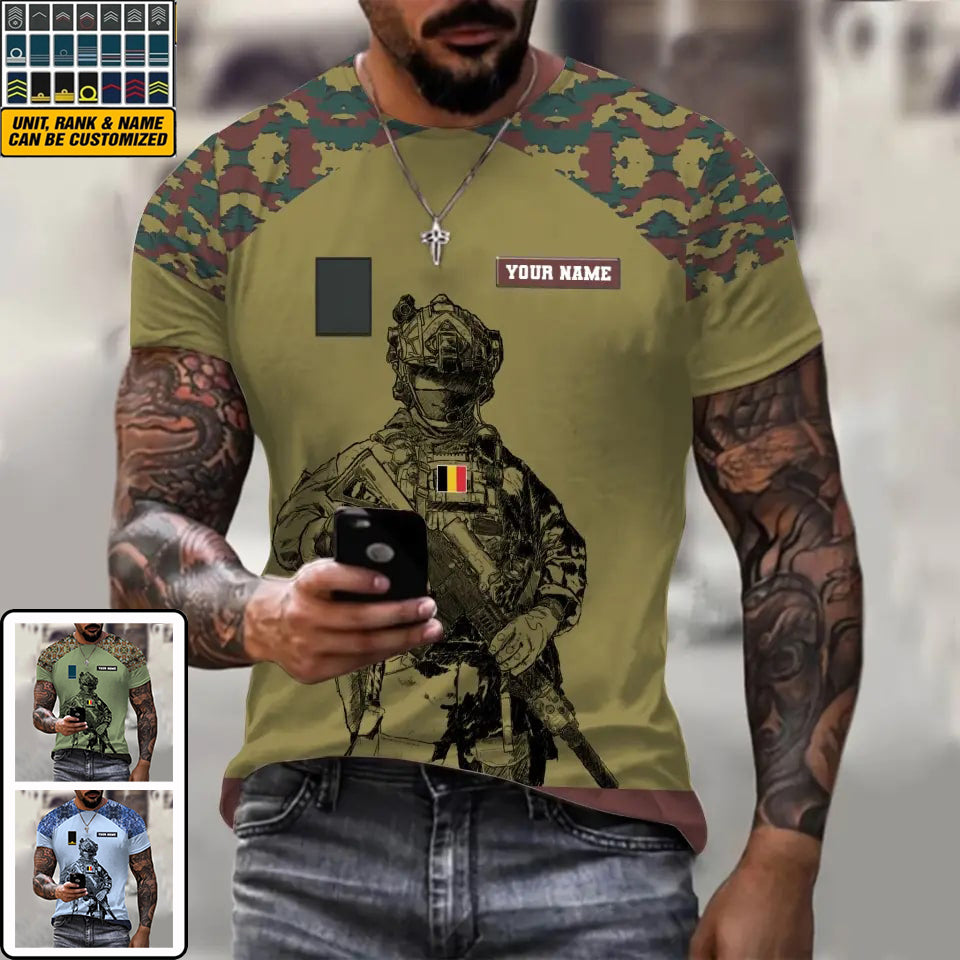 Personalized Belgium Soldier/ Veteran Camo With Name And Rank  T-shirt 3D Printed  - 1212230001