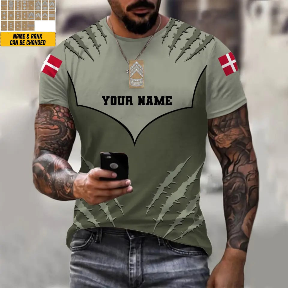 Personalisiertes T-Shirt mit dänischem Soldaten-/Veteranen-Tarnmuster mit Namen und Rang, 3D-Druck – 1312230001