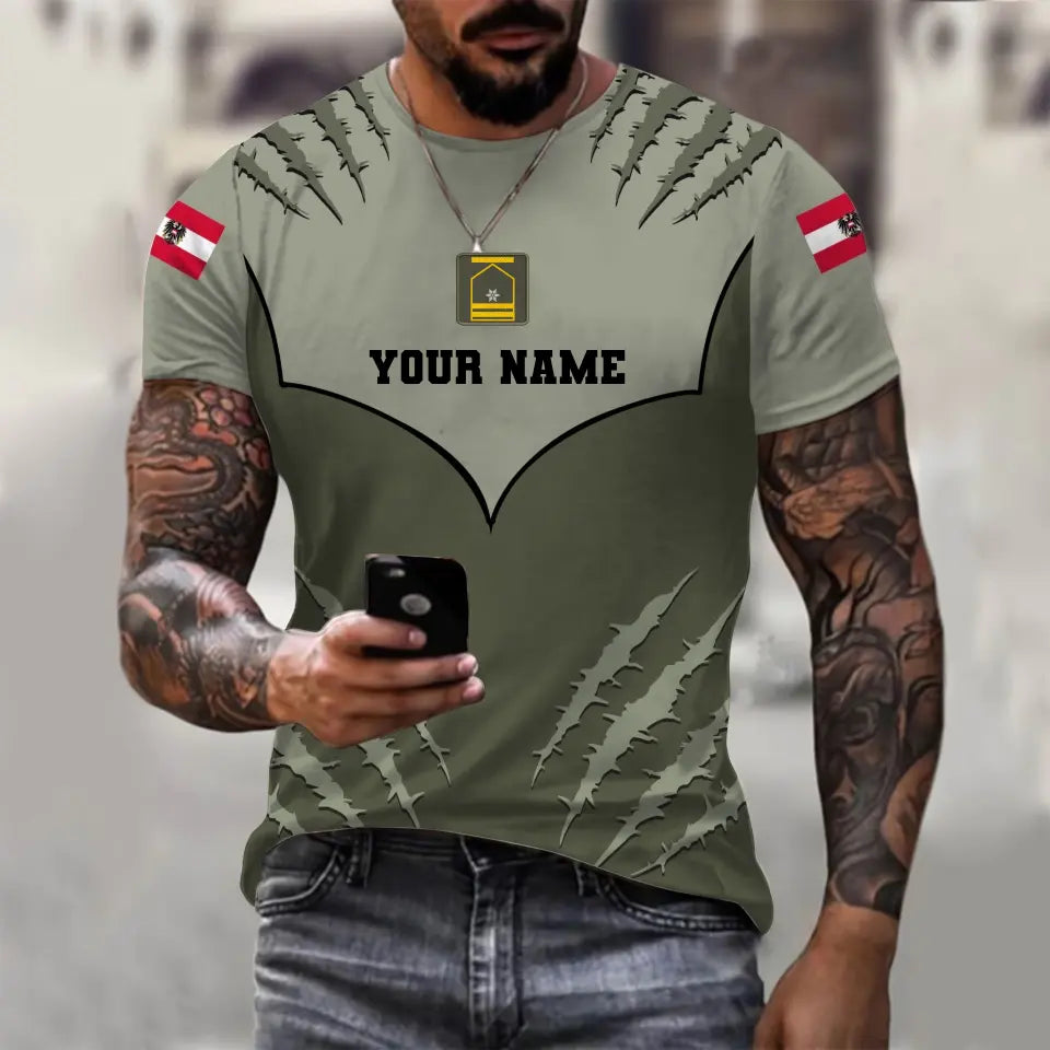 Personalisiertes österreichisches Soldaten-/Veteranen-Tarn-T-Shirt mit Namen und Rang, 3D-Druck – 1312230001