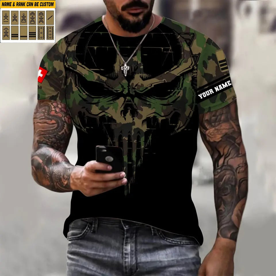 T-shirt personnalisé avec camouflage soldat/vétéran suisse avec nom et grade imprimé en 3D - 2010230001