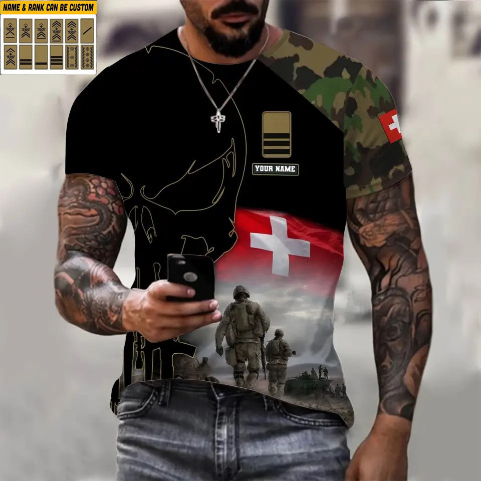 Personalisiertes T-Shirt mit Schweizer Soldaten-/Veteranen-Tarnmuster und Namen und Rang, 3D-Druck – 1910230001