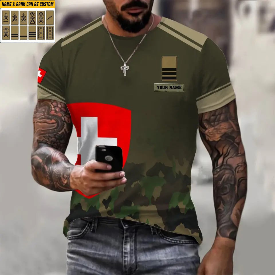 T-shirt personnalisé avec camouflage soldat/vétéran suisse avec nom et grade imprimé en 3D - 1011230003