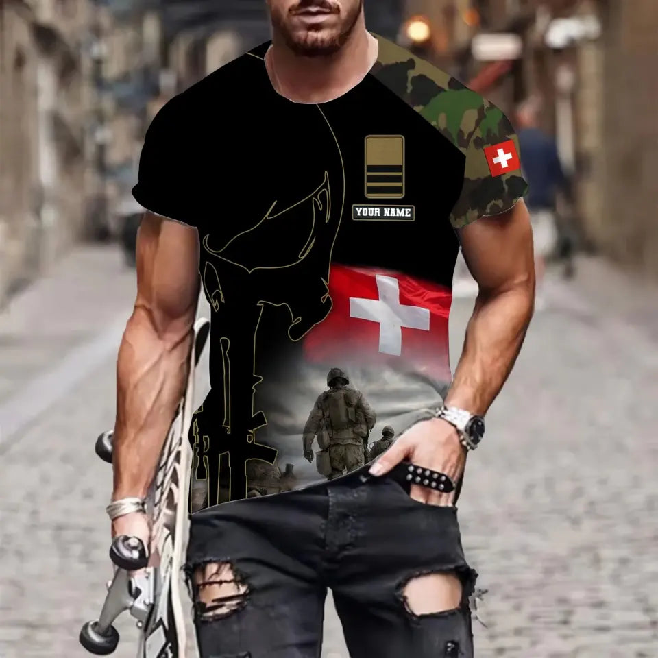 T-shirt personnalisé avec camouflage soldat/vétéran suisse avec nom et grade imprimé en 3D - 1910230001