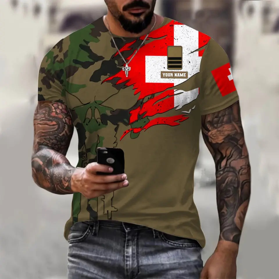 T-shirt personnalisé avec camouflage soldat/vétéran suisse avec nom et grade imprimé en 3D - 1011230001