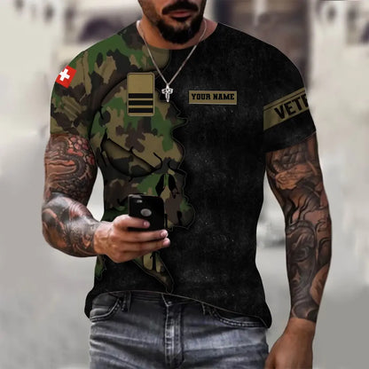 Personalisiertes T-Shirt mit Schweizer Soldaten-/Veteranen-Tarnmuster und Namen und Rang, 3D-Druck – 1011230002