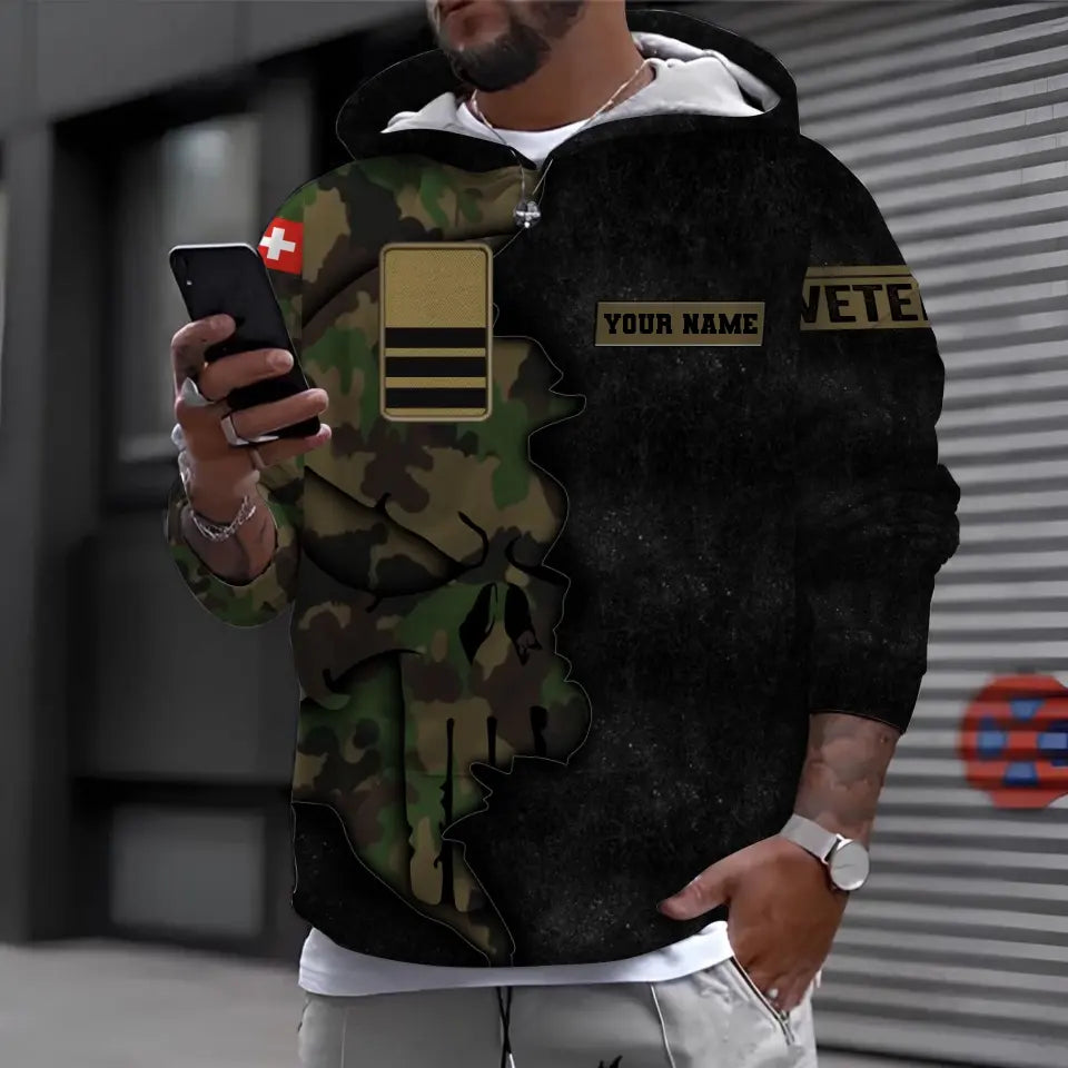 T-shirt personnalisé avec camouflage soldat/vétéran suisse avec nom et grade imprimé en 3D - 1011230002