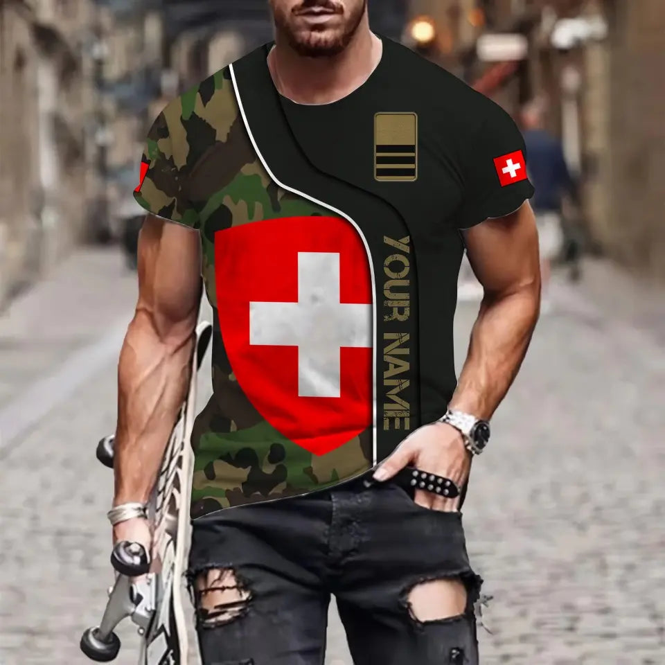 T-shirt personnalisé avec camouflage soldat/vétéran suisse avec nom et grade imprimé en 3D - 1011230004