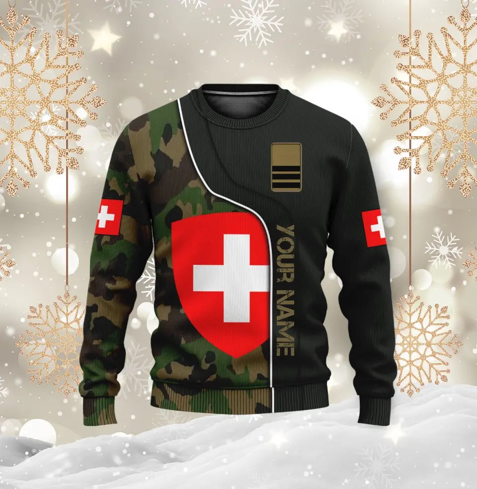 T-shirt personnalisé avec camouflage soldat/vétéran suisse avec nom et grade imprimé en 3D - 1011230004