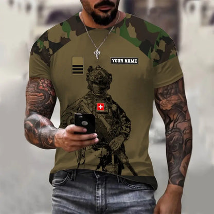 Personalisiertes T-Shirt mit Schweizer Soldaten-/Veteranen-Tarnmuster und Namen und Rang, 3D-Druck – 1212230001