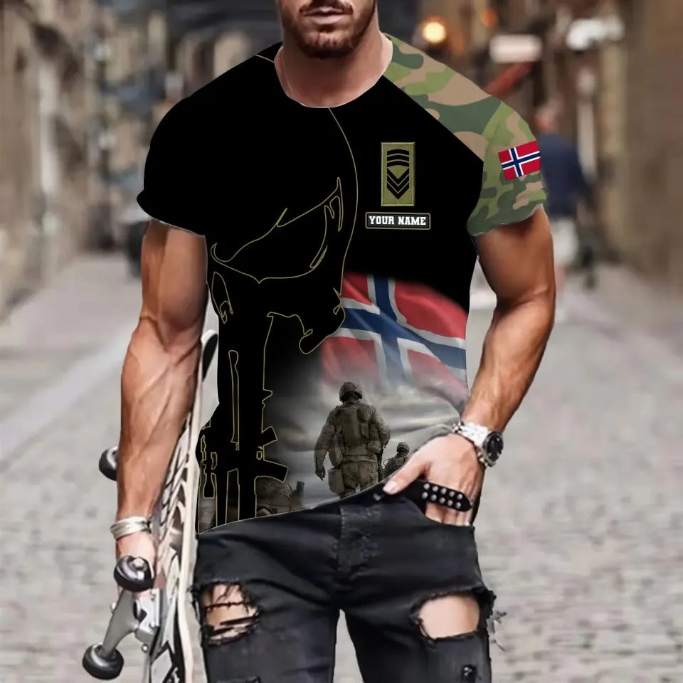 T-shirt personnalisé avec camouflage soldat/vétéran norvégien avec nom et grade imprimé en 3D - 1910230001