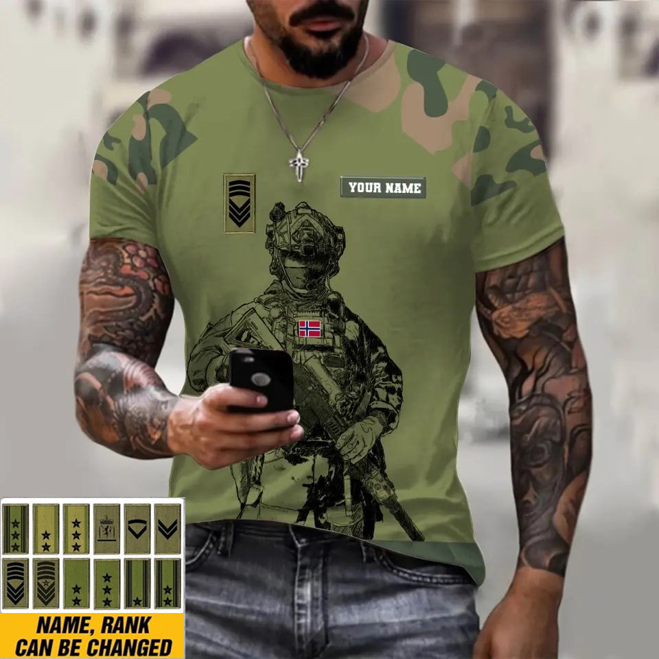 Personalisiertes T-Shirt mit norwegischem Soldaten-/Veteranen-Tarnmuster mit Namen und Rang, 3D-Druck – 1212230001