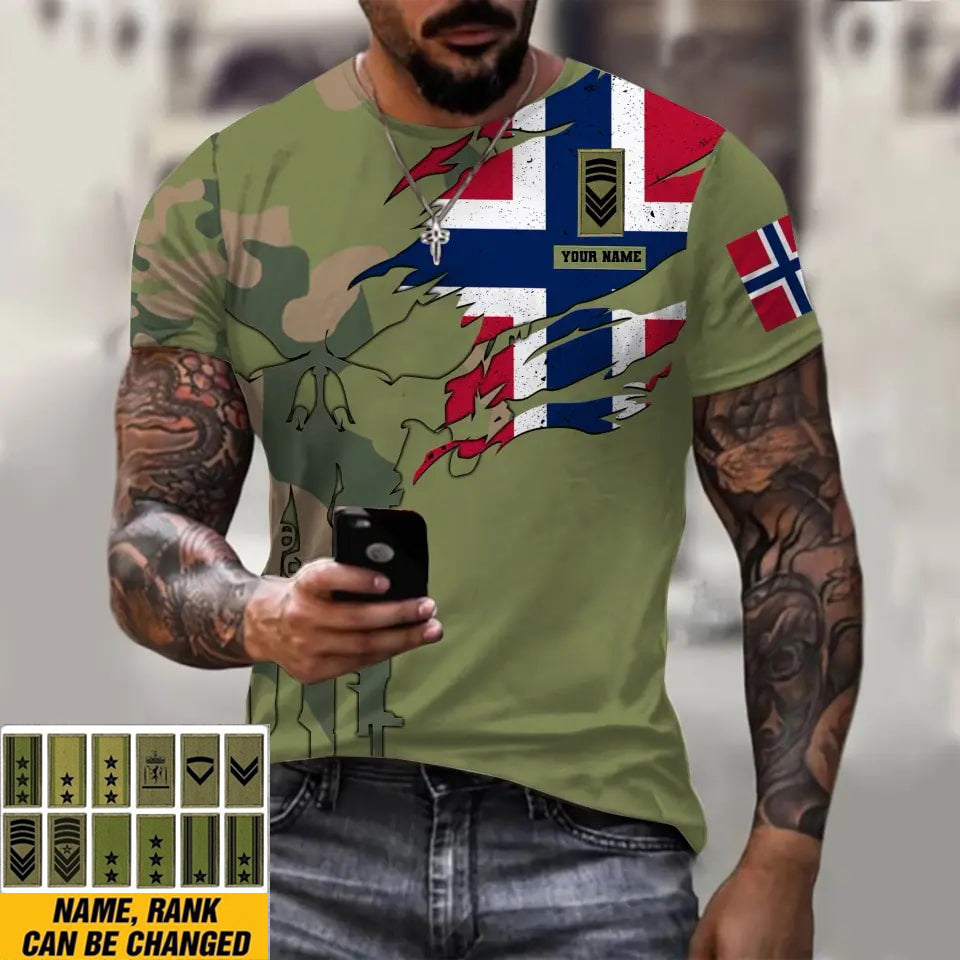 T-shirt personnalisé avec camouflage soldat/vétéran norvégien avec nom et grade imprimé en 3D - 1011230001