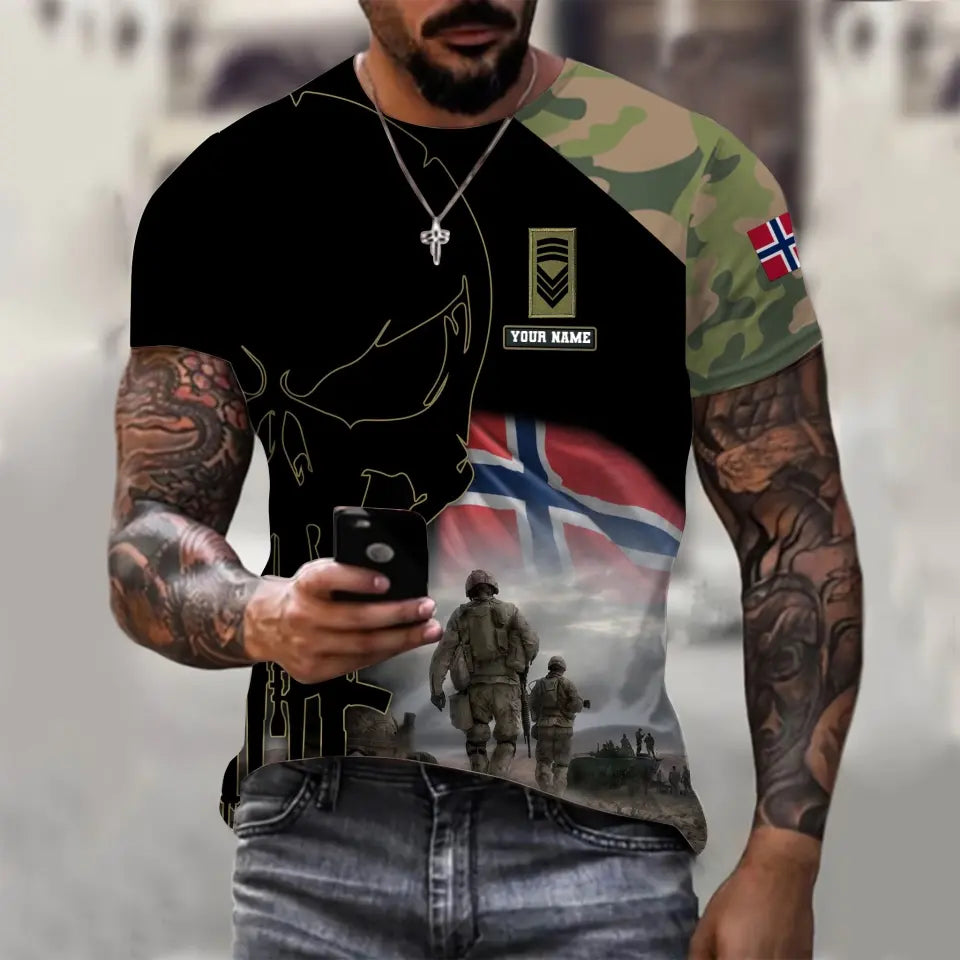 Personalisiertes T-Shirt mit norwegischem Soldaten-/Veteranen-Tarnmuster mit Namen und Rang, 3D-Druck – 1910230001