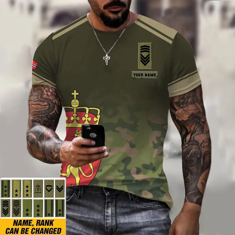 T-shirt personnalisé avec camouflage soldat/vétéran norvégien avec nom et grade imprimé en 3D - 1011230003