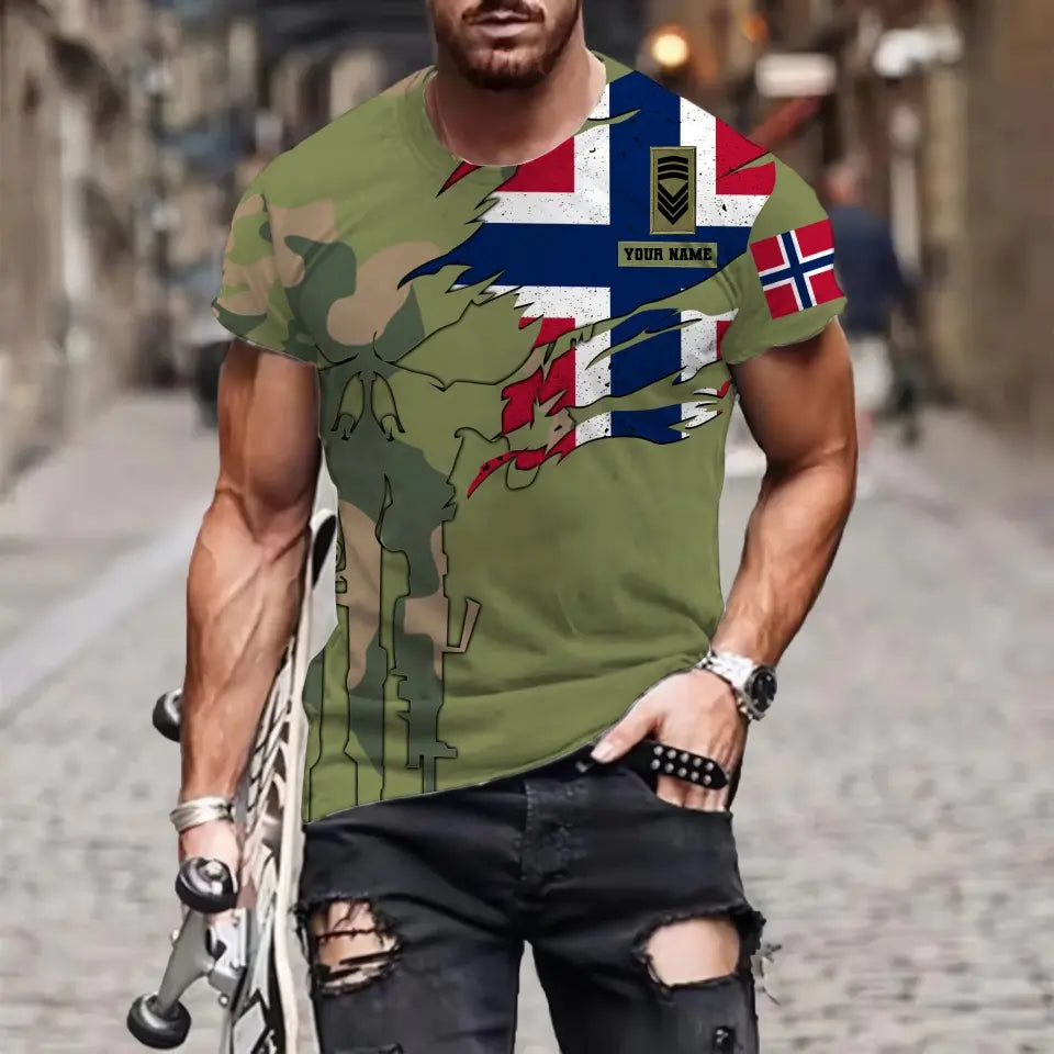 Personalisiertes T-Shirt mit norwegischem Soldaten-/Veteranen-Tarnmuster mit Namen und Rang, 3D-Druck – 1011230001