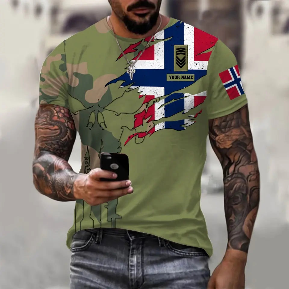 Personalisiertes T-Shirt mit norwegischem Soldaten-/Veteranen-Tarnmuster mit Namen und Rang, 3D-Druck – 1011230001