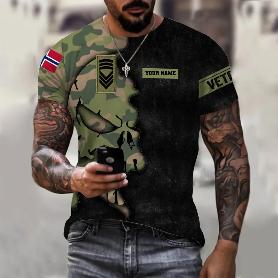 T-shirt personnalisé avec camouflage soldat/vétéran norvégien avec nom et grade imprimé en 3D - 1011230002