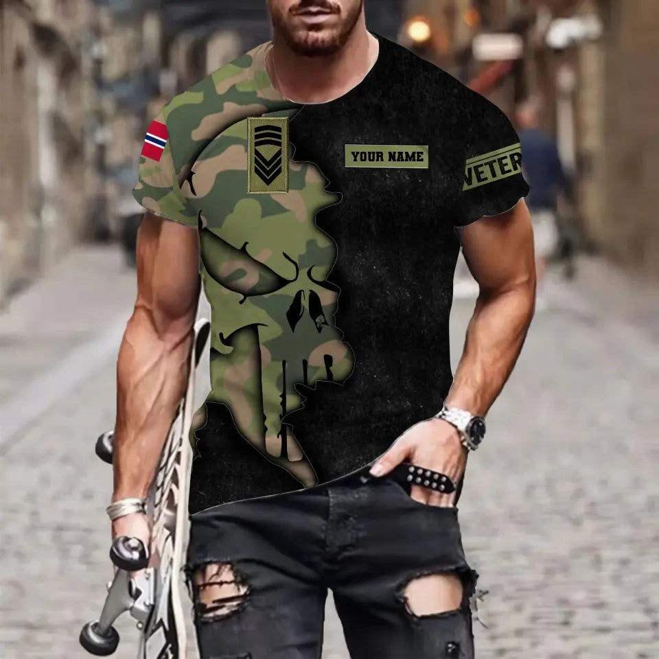 T-shirt personnalisé avec camouflage soldat/vétéran norvégien avec nom et grade imprimé en 3D - 1011230002