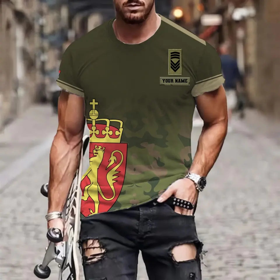 T-shirt personnalisé avec camouflage soldat/vétéran norvégien avec nom et grade imprimé en 3D - 1011230003