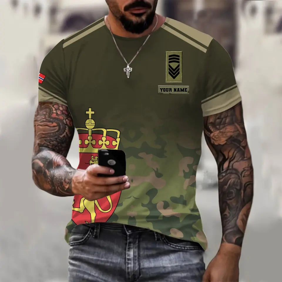 T-shirt personnalisé avec camouflage soldat/vétéran norvégien avec nom et grade imprimé en 3D - 1011230003