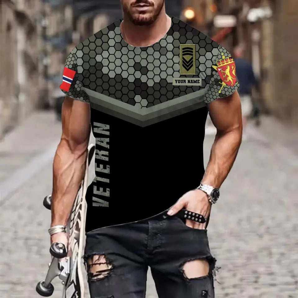 T-shirt personnalisé avec camouflage soldat/vétéran norvégien avec nom et grade imprimé en 3D - 1011230005