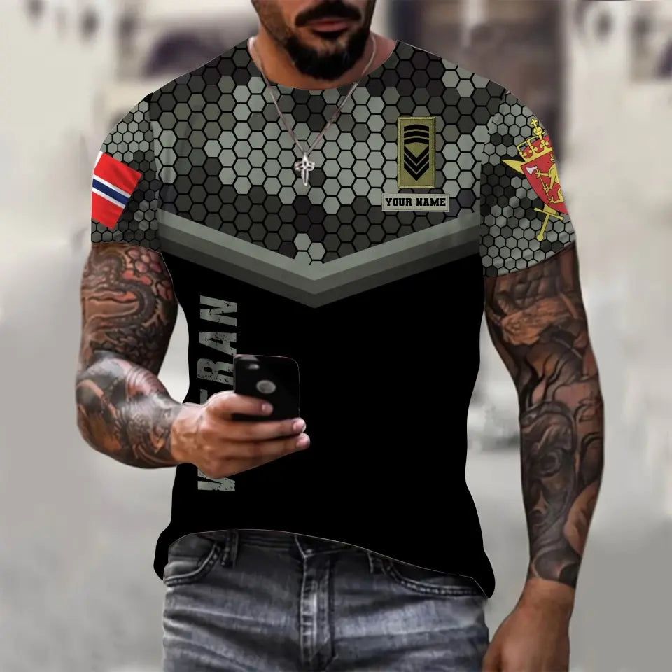 T-shirt personnalisé avec camouflage soldat/vétéran norvégien avec nom et grade imprimé en 3D - 1011230005