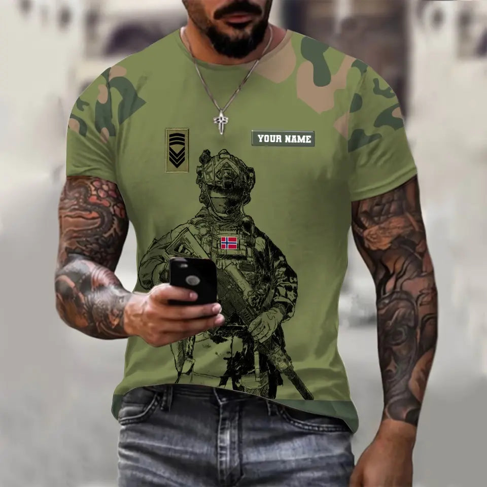 T-shirt personnalisé avec camouflage soldat/vétéran norvégien avec nom et grade imprimé en 3D - 1212230001