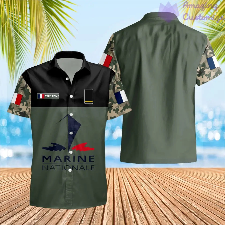 T-shirt Hawaïen personnalisé avec camouflage soldat/vétéran de la France avec nom et grade imprimé -1812230001