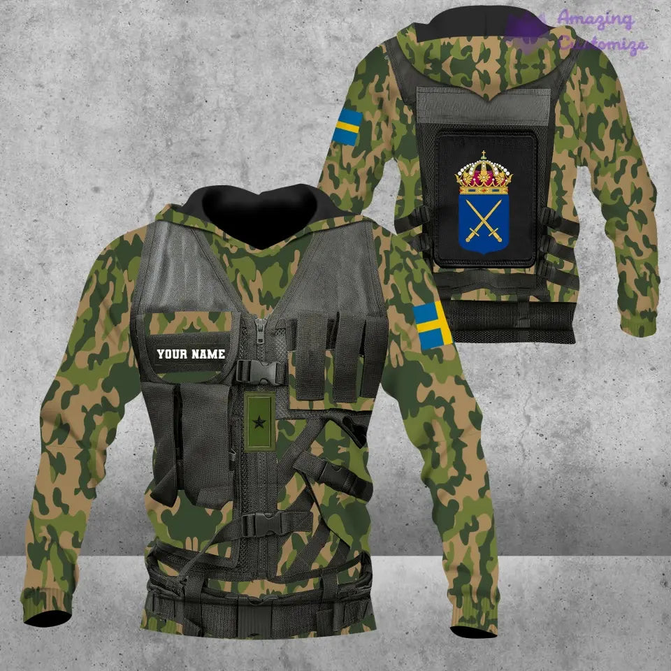 Personalisierter Kapuzenpullover mit 3D-Druck für schwedische Soldaten/Veteranen im Camouflage-Muster mit Namen und Rang – 17049312