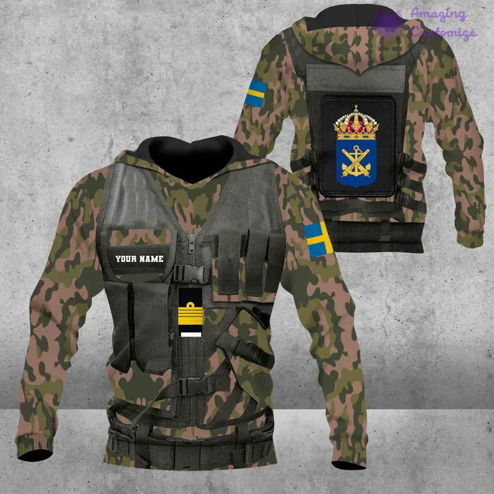 Personalisierter Kapuzenpullover mit 3D-Druck für schwedische Soldaten/Veteranen im Camouflage-Muster mit Namen und Rang – 17049312