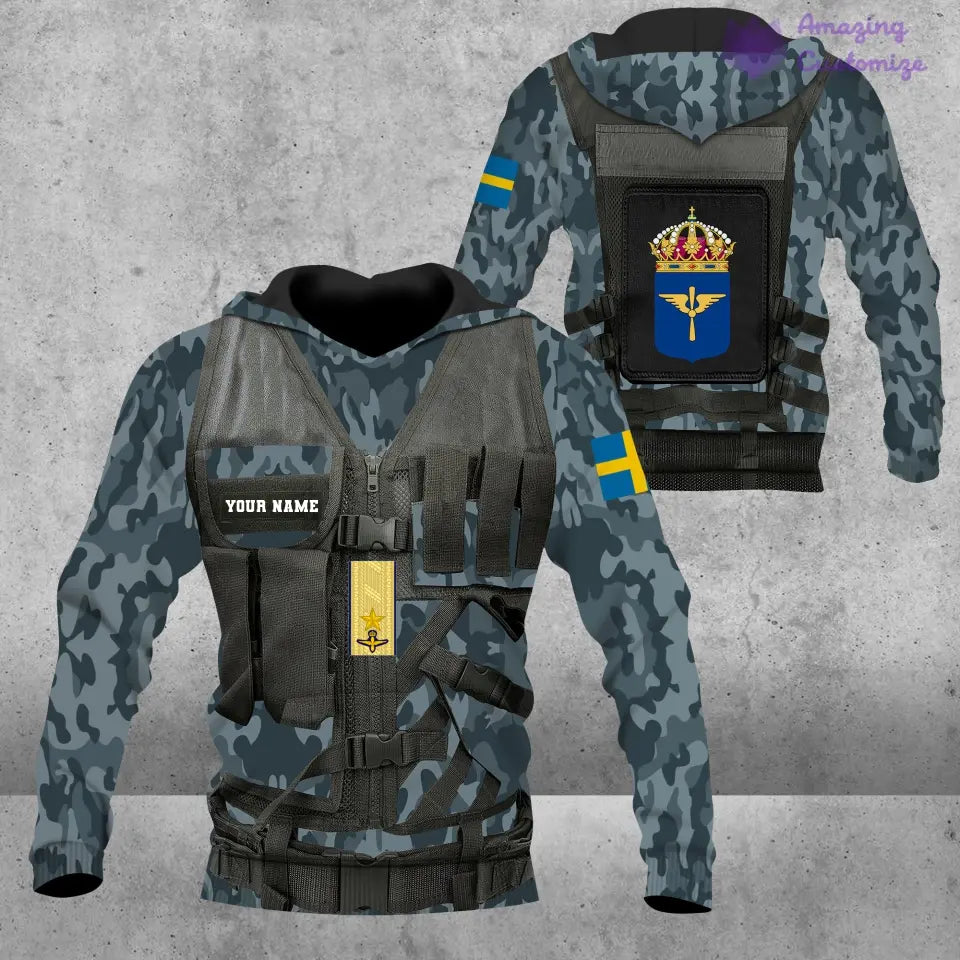 Personalisierter Kapuzenpullover mit 3D-Druck für schwedische Soldaten/Veteranen im Camouflage-Muster mit Namen und Rang – 17049312