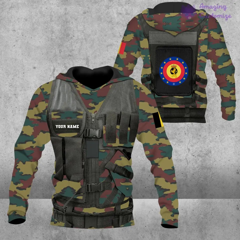 Personalisierter Kapuzenpullover mit 3D-Druck für belgische Soldaten/Veteranen im Camouflage-Muster mit Namen und Rang – 17049312