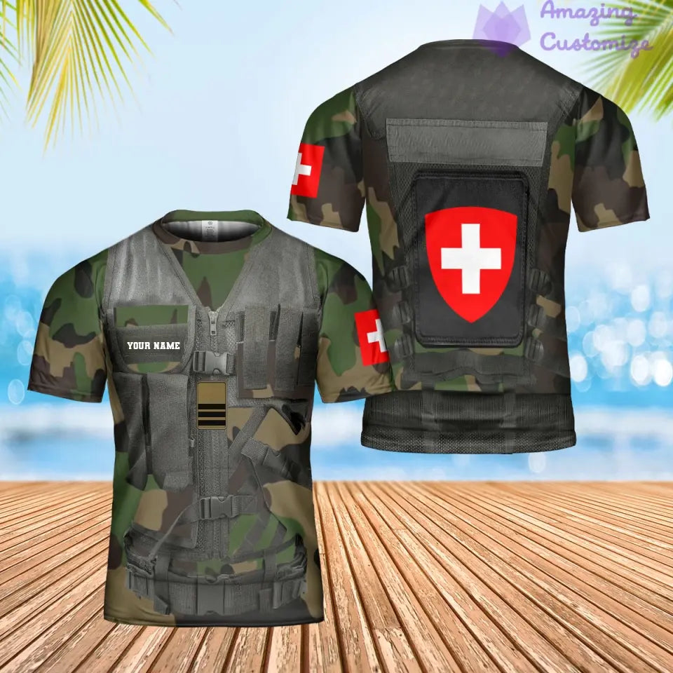 T-shirt hawaïen personnalisé avec camouflage soldat/vétéran suisse avec nom et grade imprimé en 3D - 1101240001