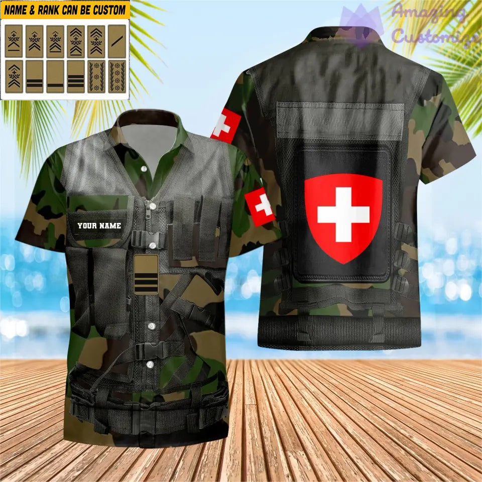 T-shirt hawaïen personnalisé avec camouflage soldat/vétéran suisse avec nom et grade imprimé en 3D - 1101240001