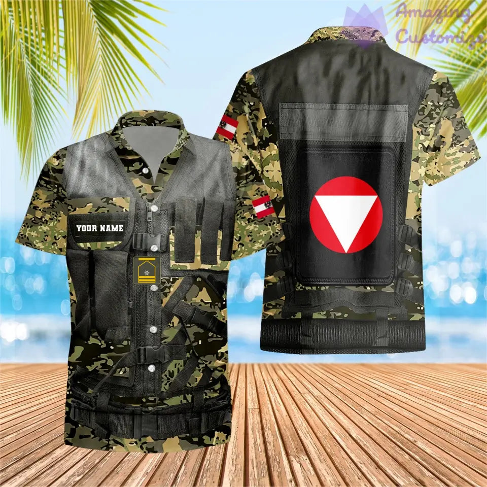 T-shirt hawaïen personnalisé avec camouflage soldat/vétéran autrichien avec nom et grade imprimé en 3D - 1101240001