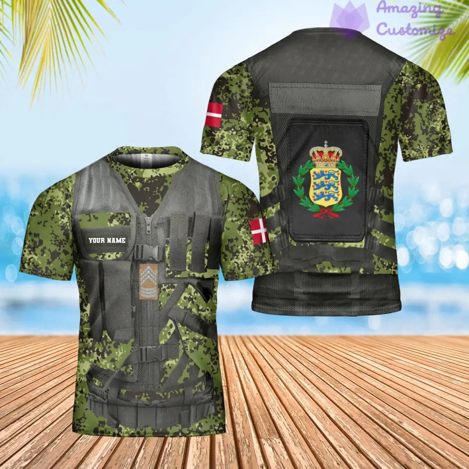 T-shirt hawaïen personnalisé avec camouflage soldat/vétéran du Danemark avec nom et grade imprimé en 3D - 1101240001