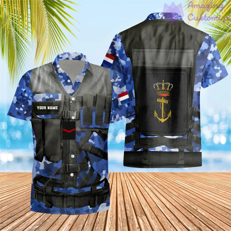 Personalisiertes Hawaiihemd mit 3D-Druck für niederländische Soldaten/Veteranen im Camouflage-Muster mit Namen und Rang – 1101240001