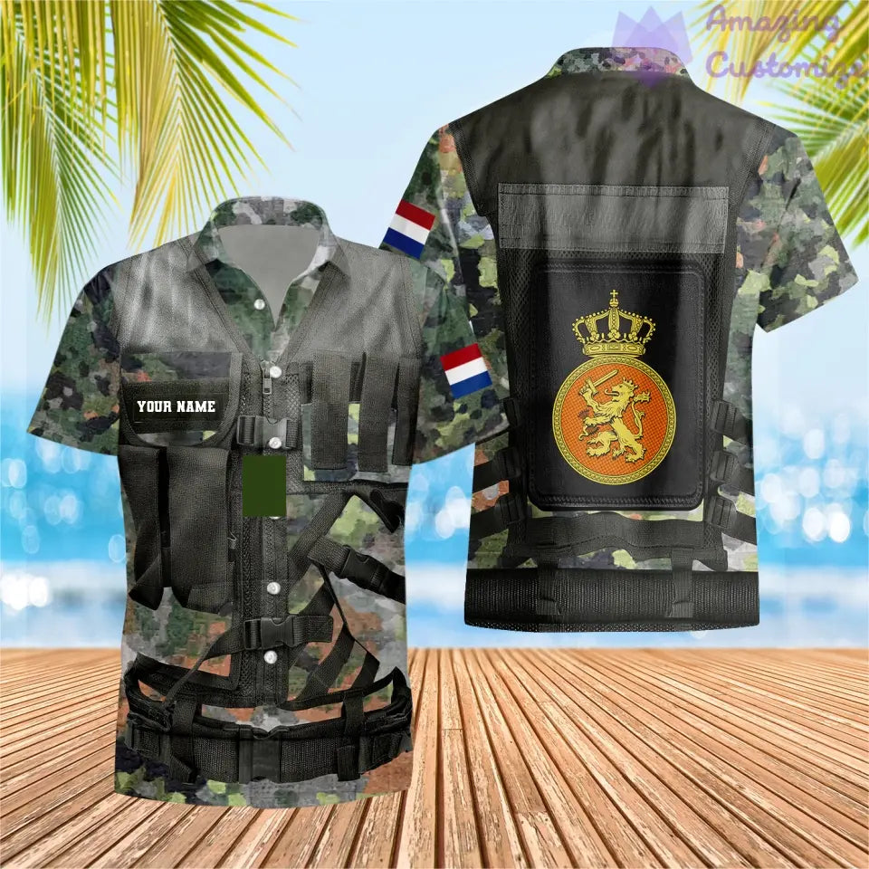 T-shirt hawaïen personnalisé avec camouflage soldat/vétéran des Pays-Bas avec nom et grade imprimé en 3D - 1101240001