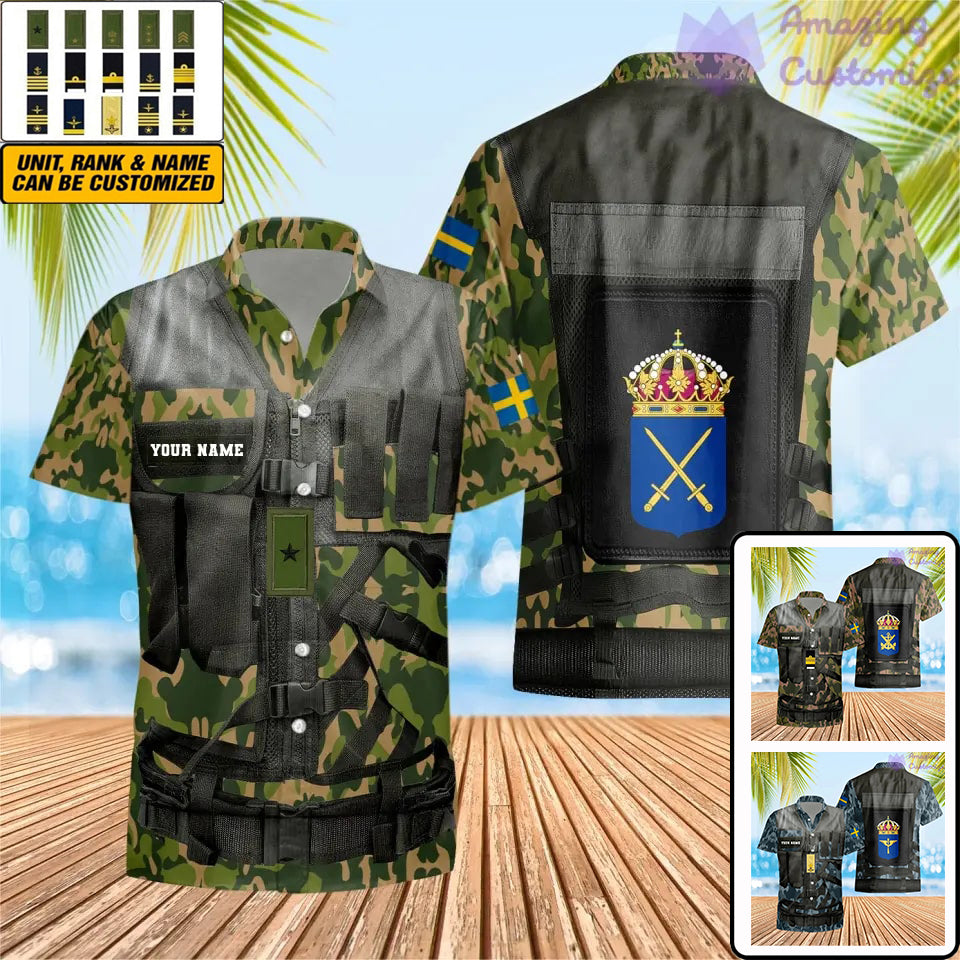 T-shirt hawaïen personnalisé avec camouflage soldat/vétéran suédois avec nom et grade imprimé en 3D - 1101240001