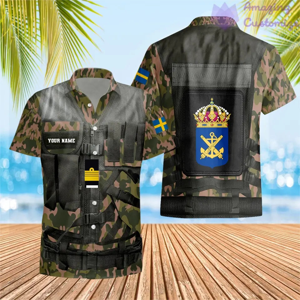 T-shirt hawaïen personnalisé avec camouflage soldat/vétéran suédois avec nom et grade imprimé en 3D - 1101240001